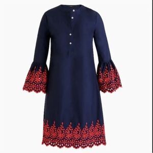 J. Crew eyelet bell sleeve dress, navy. Size XXS. NWOT.